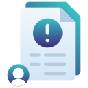 Graphic of document with an exclamation mark and a user icon