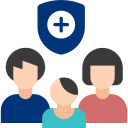 icon of a family of three below a symbol of a shield with a plus in it
