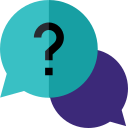 icon of a blue speech bubble with a question mark in the middle of it in front of an empty purple speech bubble