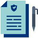 Document with a shield and checkmark, and a pen, symbolizing an insurance policy
