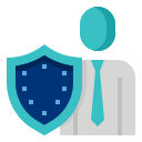 Person standing next to a shield icon, symbolizing general liability insurance protection