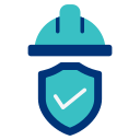 icon of shield with check mark in the middle of it with a safety hat above
