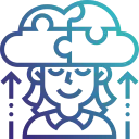 Graphic of person's head with puzzle pieces forming a cloud above and upward arrows next to them