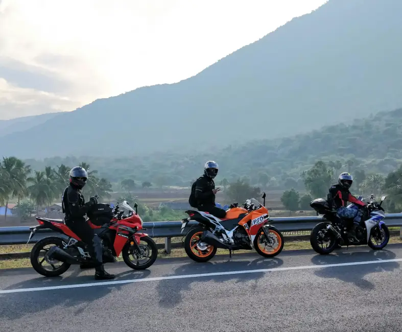 Three motorcyclists with their bikes parked on a scenic mountain road, enjoying their multi-bike insurance discount